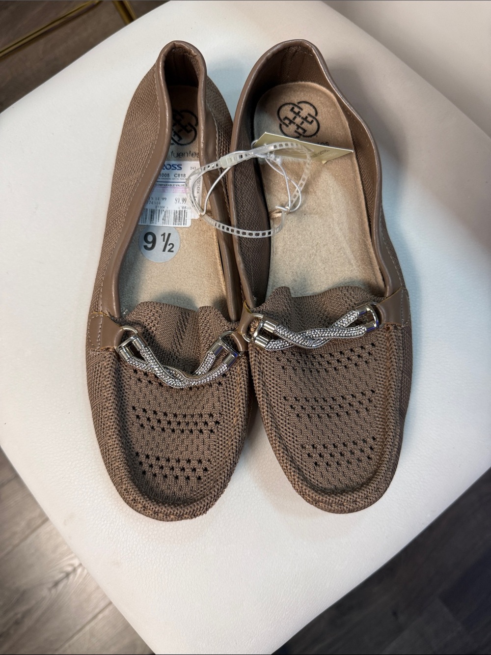 Daisy Fuentes Taupe Knit Slip-On Loafers with Metallic Chain